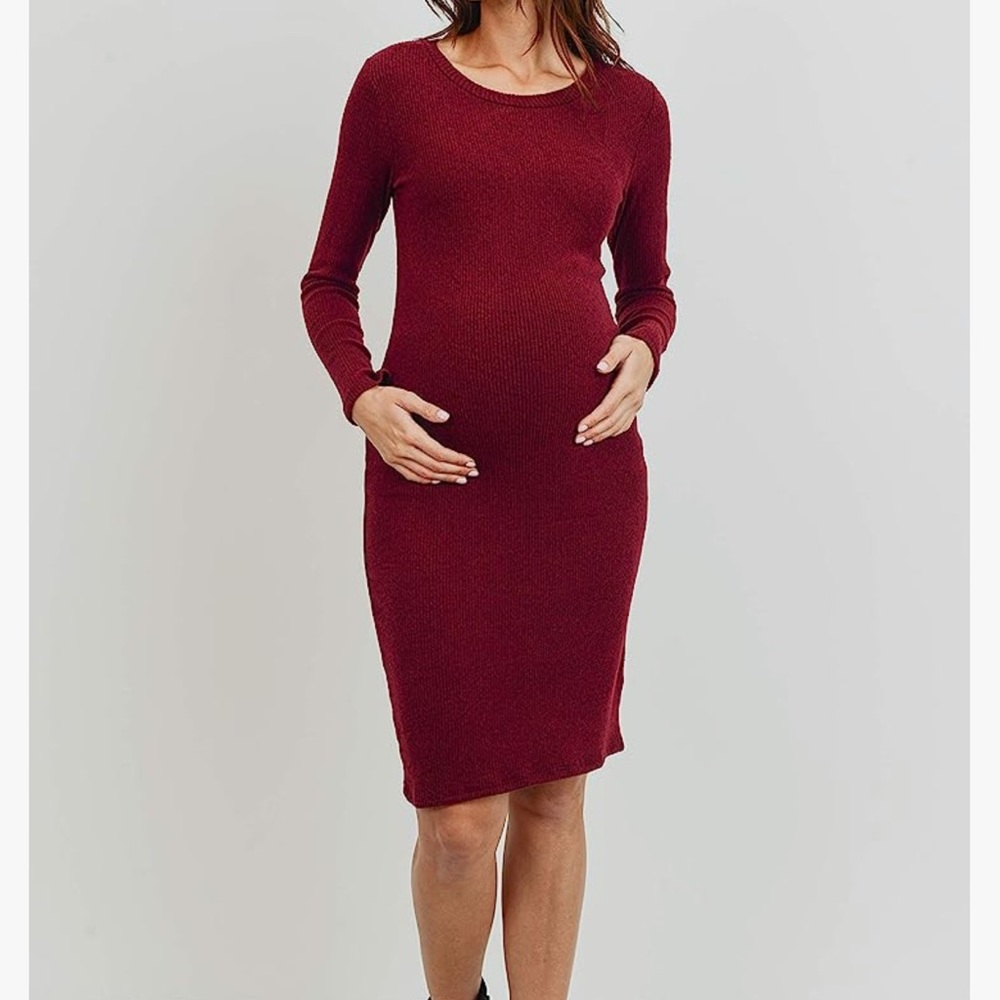 Hello Miz Burgundy Maternity Ribbed Knit Long Sleeve Dress Women Size Large NWT